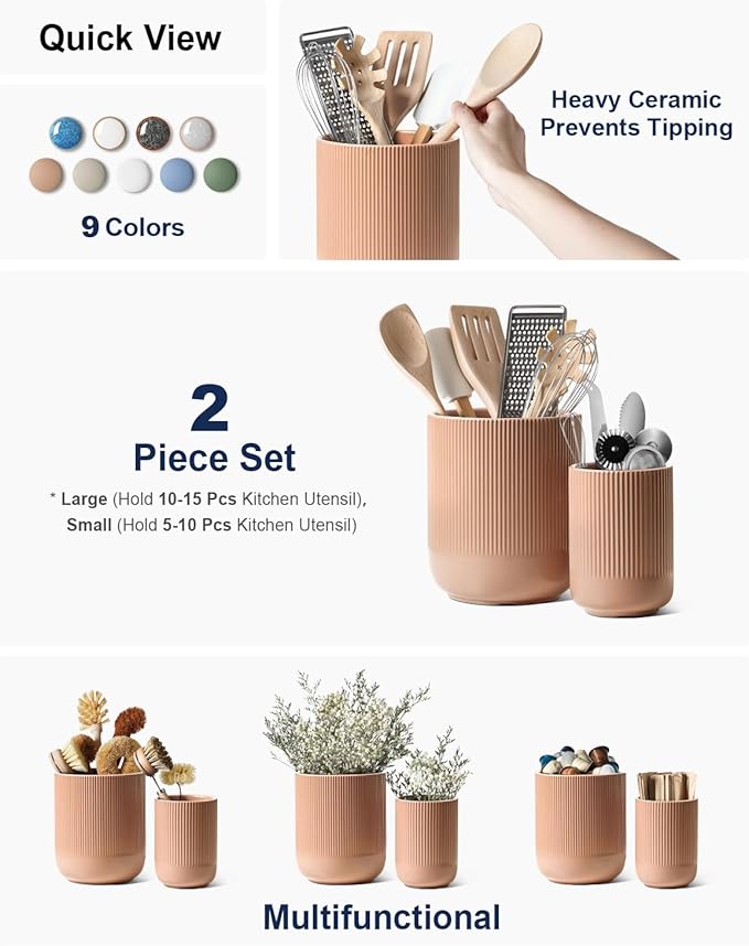 LE TAUCI Utensil Holder for Kitchen Counter, 7.3"+5.4" Fluted Ceramic Utensil Crock Organizer for Countertop, Heavy Large Holder for Spatulas, Spoons, Set of 2, Dusty Coral - Image 2