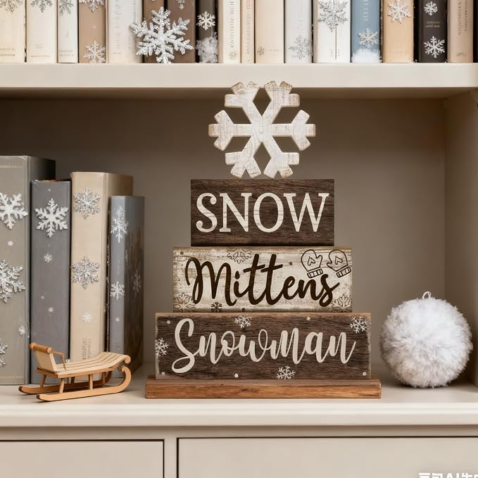 Moucuny 4 Pcs Winter Table Decorations Wooden Snowflake Decor Christmas Tiered Tray Decor Rustic Decorative Snowflake Block Sign Gift Winter Table Centerpiece for Wonderland Party Home Kitchen - Image 7