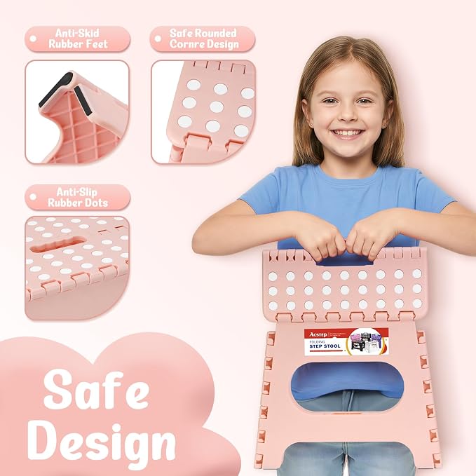 ACSTEP 11" Folding Step Stool for Kids, Non-Slip Foldable Stool, Light Pink | Heavy Duty Collapsible Foot Stool, Lightweight with Built-in Handle, Holds 300 lb for Adults Kitchen Bathroom Bedroom Outdoor - Image 4