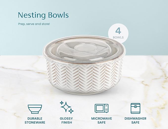 KooK Serving Bowls, with Lids, Ceramic Nesting Bowls, Set of 4, Embossed, Kitchen, Prep, Stackable, Gift, Microwave and Dishwasher Safe, 16/29/47/70 oz, Narbonne Collection (Ivory) - Image 7