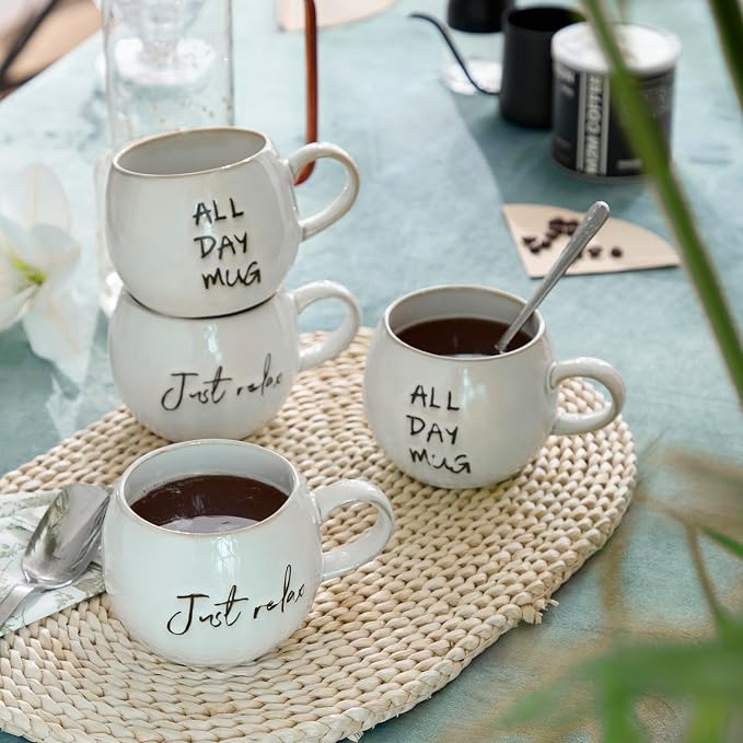Ceramic Coffee Mugs Set, Just Relax and All Day Design, large capacity heat-resistant handle, Great for Tea Hot Chocolate, Microwave Safe, Modern, Unique Style for Any Kitchen-4pack - Image 6