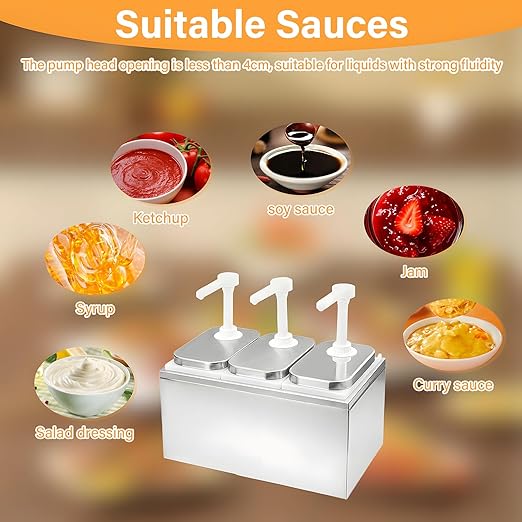 Sauce Dispenser Pump 6L, Stainless Steel Condiment Pump Station with 3 Jars, Condiment Pump Dispenser, Large Three Head Ketchup Dispenser