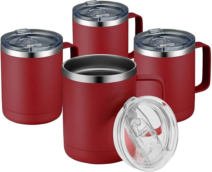 MEWAY 12oz Coffee Mug With Handle 4 Pack Bulk,Stainless Steel Insulated Travel Tumblers With Sliding Lid,Double Wall Vacuum Camping Cup for Hot & Cold Drinks Tea (Red,Set of 4) by MEWAY