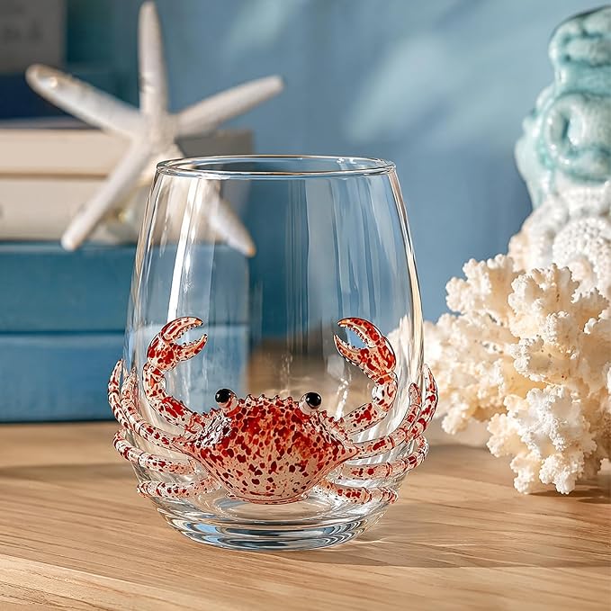 Ocean Themed Crab Hand-Blown Coastal Glassware for Birthday & Holiday Gifts | Ocean Themed Octopus Glassware Hand Blown Coastal Stemless Wine Glasses Unique Coastal Decor Gift for Ocean Lovers - Image 3