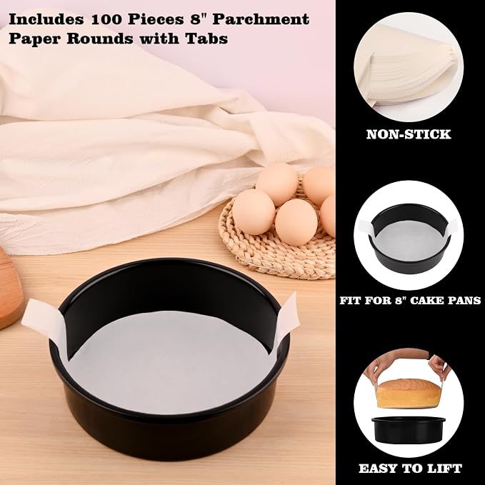 HUAKENER 8 Inch Cake Pan, 3Pcs Round Cake Pan with Parchment Paper | Carbon Steel Cake Baking Pans with 70 Pieces Parchment Paper, Non-stick Cake Baking Pans, Dishwasher Safe - Image 4