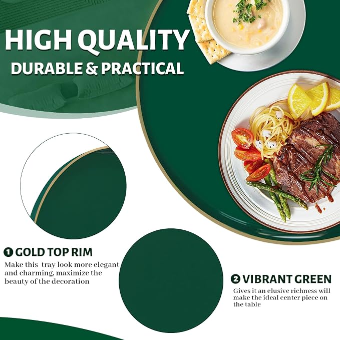 MAONAME 13" Dark Green Decorative Tray, Round Serving Tray with Handles | Plastic Decorative Tray for Coffee Table, Modern Ottoman Tray, Circle Tea Tray, Round Melamine Tray for Living Room, Bathroom - Image 3