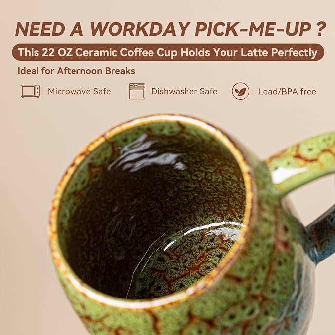 Handmade 22oz Ceramic Coffee Mug, Ergonomic Large Handle, Ideal Gift for Coffee Lovers, Microwave & Dishwasher Safe (Bas-Relief - Green&Blue) - Image 3