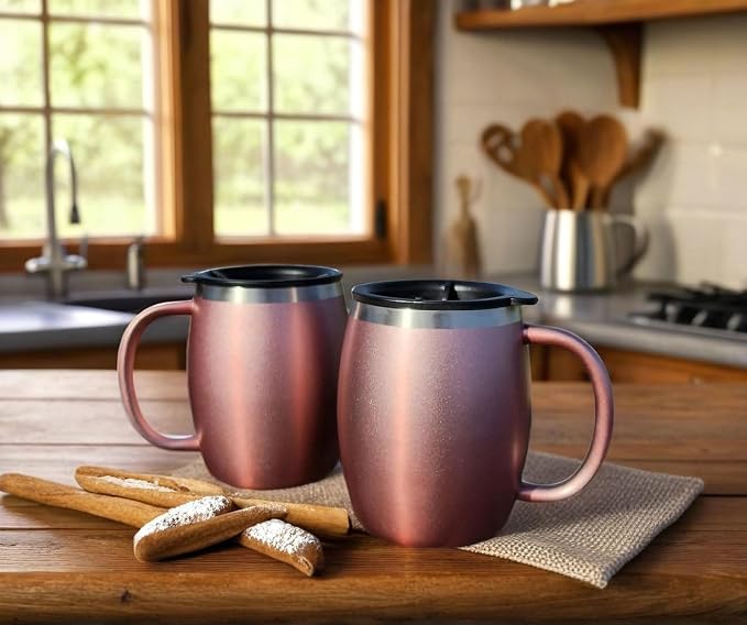 Stainless Steel Insulated Coffee Mugs Set of 2 (14 oz) – Double Wall Coffee Cups with Spill-Resistant Lid and Strong Handle, Shatterproof Cups for Cold Drinks & Hot Beverages - Rose Gold - Image 5