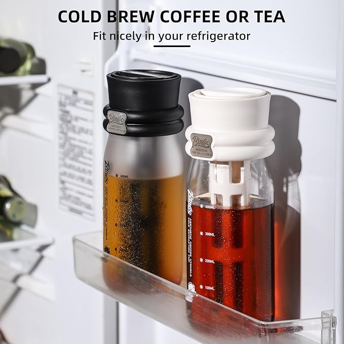 Bincoo Borosilicate Glass Cold Brew Coffee Maker-600ml,Leak-Proof,Cold Brew Bottle with Fine Mesh Filter & Silicone Funnel,Multi-Functional for Coffee & Fruit Tea (Black)