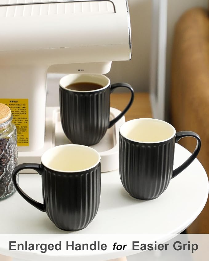 HASENSE 16oz Ceramic Coffee Mugs Set of 4, Black Ribbed Latte Cups with Large Ergonomic Handle, Modern Lightweight, Great for Coffee, Tea & Cocoa, Dishwasher & Microwave Safe - Image 7