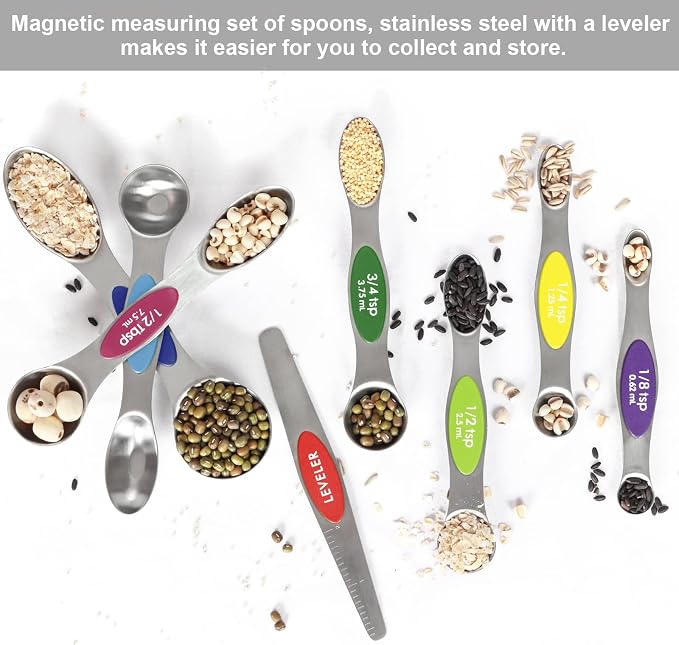 Multicolor Magnetic Measuring Spoons Set with Leveler | 7Pack, Stainless Steel, Stackable, Fits Spice Jars - For Baking Kitchen Gadgets Apartment Essentials Fits - Image 3