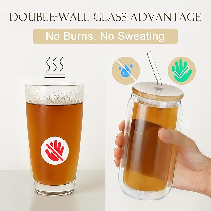 LIBWYS 16oz Double Wall Drinking Glass Cup with Bamboo Lid and Straw, 1 Pc Set – Condensation Resistant Insulated Glass Can Tumbler for Cold Drinks, Iced Coffee, Tea, Juice, Cleaning Brush
