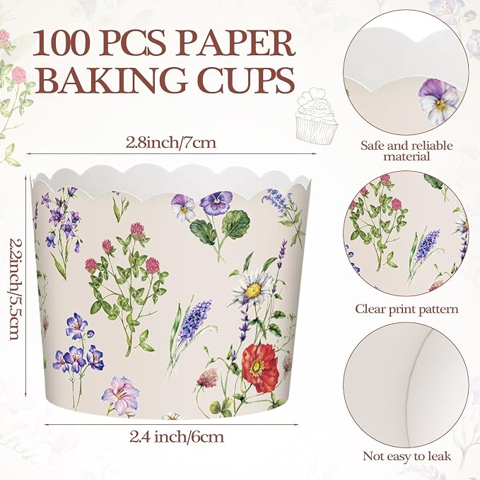 Qinyoung 150 Pcs Purple Lavender Wildflower Paper Baking Cups Vintage Purple Floral Cupcake Wrappers Liner Disposable Flower Muffin Case for Spring Summer Wedding Baby Shower Birthday Tea Party Decor - Image 2