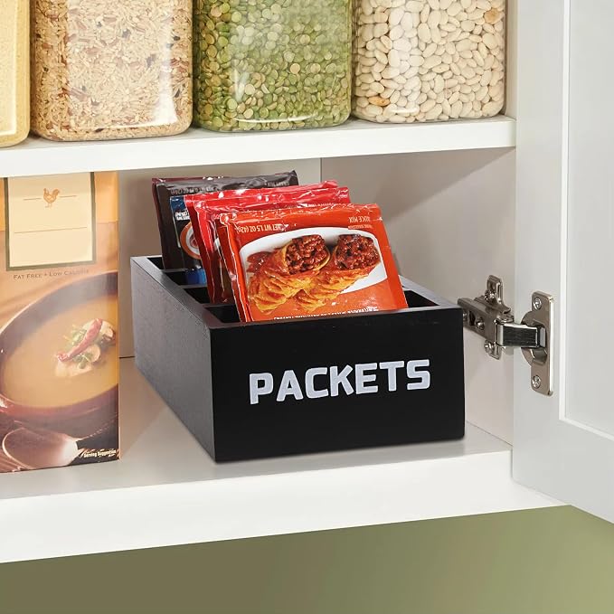 BSTKEY Seasoning Packet Organizer, Food Packet Storage Organizer with 4 Compartments, Black Wooden Storage Caddy for Kitchen Pantry Cabinet, Farmhouse Kitchen Organization Bin for Snacks Spice Packets - Image 5