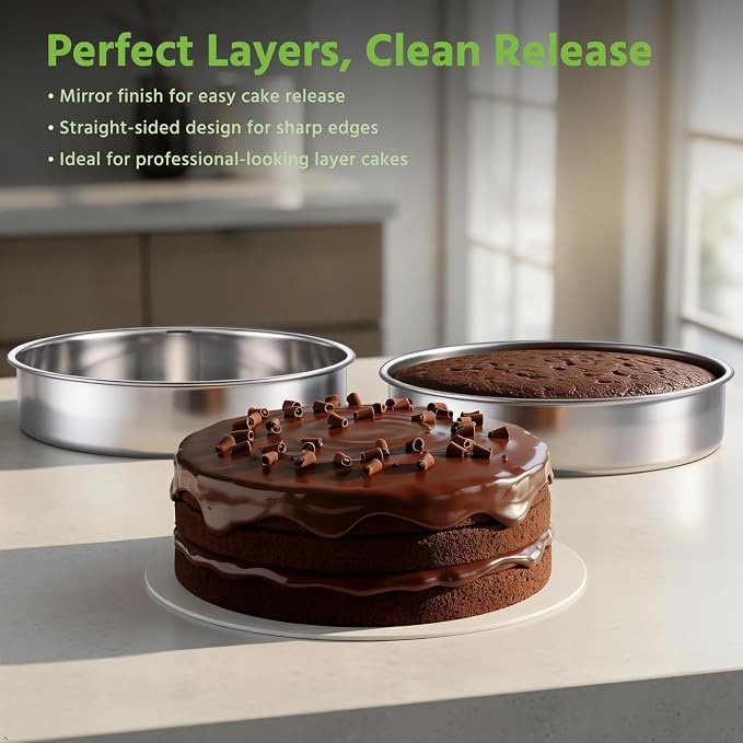 E-far 9 Inch Cake Pan Set of 3, Non-toxic Stainless Steel Round Cake Tins | Ideal for Birthday Wedding Layer Cake, Healthy, Mirror Finish, Dishwasher Safe - Image 4