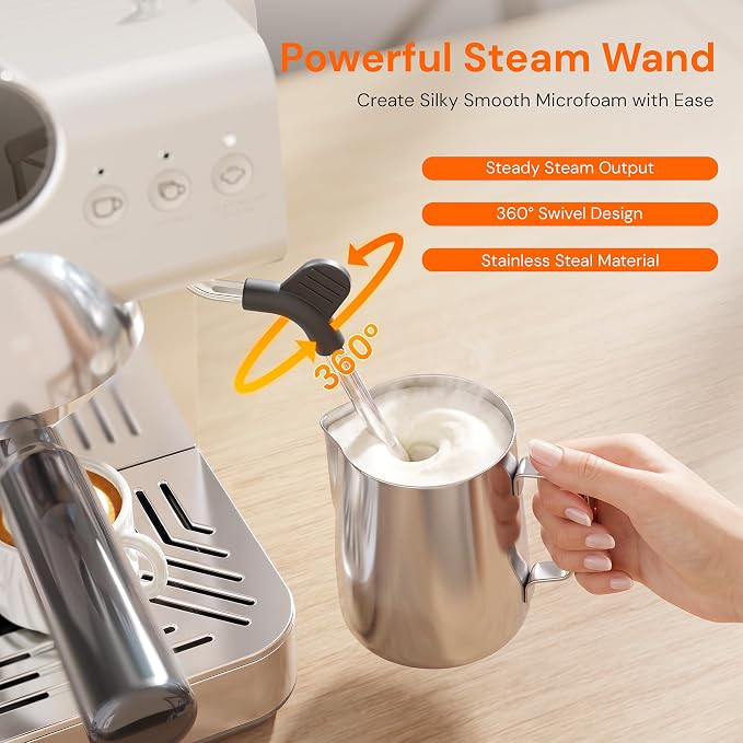 Kismile Espresso Machine with Milk Frother, 20Bar Hot & Cold Brew Semi-Automatic Expresso Coffee Machine with Single & Double Shot, LED Display for Home Barista Latte and Cappuccino - Image 7