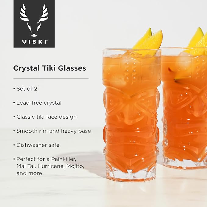 Viski Pacific Tropical Tiki Glasses Set of 2 - Premium Crystal Clear Glass Tumbler, Stylish Tiki Glassware Bar Accessories and Cocktail Glass Gift Set, 14 oz - Image 2