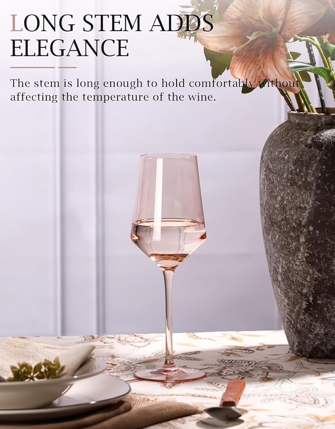 comfit Blush Pink Wine Glasses Set of 6-15 oz, Unfading Color, Hand-blown Wine Glasses, Pink Drinking Glassed - Pink Wedding Engagement Housewarming Gifts for Women Wine Lovers - Image 5