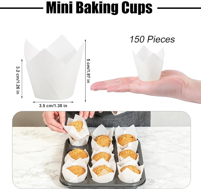 150 Pcs Mini Cupcake Liners Muffin Liners Baking Cups | Tulip Cupcake Liner for Baking Wedding, Birthday, Baby Shower Parties, White - Image 2