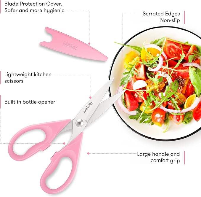 iBayam Pink Kitchen Scissors All Purpose Heavy Duty & Comfort Grip & Cover | Dishwasher Safe, 8.7" Stainless Steel Sharp Scissors Food Poultry, 2-Pack Pink Kitchen Utensils Gadgets for Cooking & Baking - Image 2