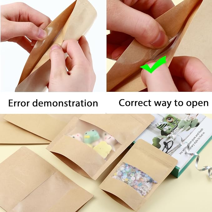 300 Kraft Mylar Bags for Food Storage 5X8 Mylar Bags with Window Candy Packaging Resealable Bags Reclosable Small Stand Up Pouches Edible Packaging, Kraft Paper Bags for Small Business - Image 3
