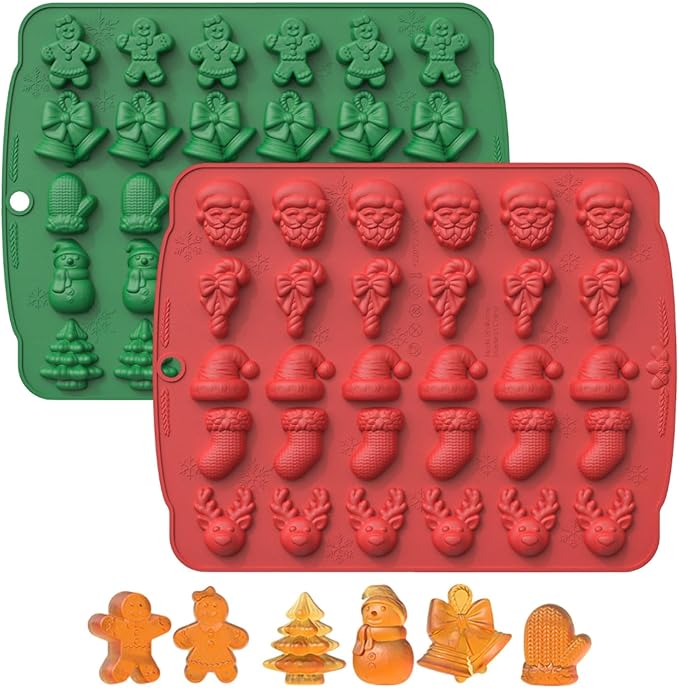 2 Pcs Christmas Silicone Molds for Chocolate,3D Christmas Tree Candy Silicone Mold 60 Cavity Small Baking Molds for Claus Elk Snowman Santa Bells Gloves Socks Shape Silicon Molds