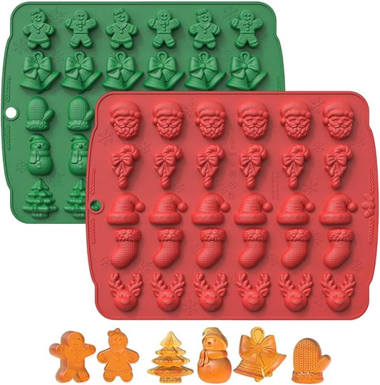 2 Pcs Christmas Silicone Molds for Chocolate,3D Christmas Tree Candy Silicone Mold 60 Cavity Small Baking Molds for Claus Elk Snowman Santa Bells Gloves Socks Shape Silicon Molds