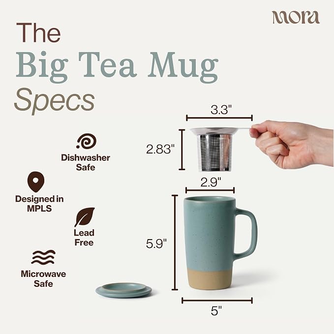 MORA Ceramics Large Tea Mug with Loose Leaf Infuser and Ceramic Lid, 18 oz, Portable, Microwave, Dishwasher Safe, Tall Coffee Cup - Rustic Matte Ceramic Glaze, Modern Herbal Tea Strainer, Iris - Image 2