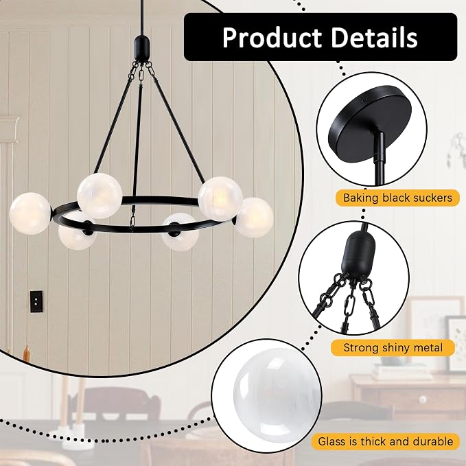 6-Light Globe Chandelier Mid Century Black Chandeliers,Modern Globe Round Pendant Light Fixture for Dining Room Over Table,Sputnik Pendant Light Fixture for Living Room Foyer Bedroom T720666CH-BK - Image 5