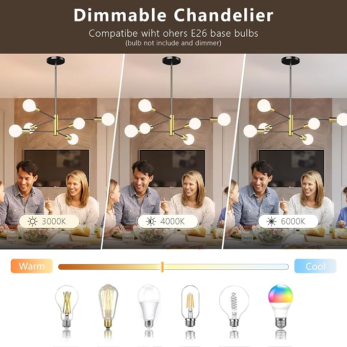 6-Light Black and Gold Mid Century Ceiling Chandelier Height Adjustable for Living Room, Kitchen, Dining Room, Bedroom,Foyer (Bulbs Not Included) - Image 4