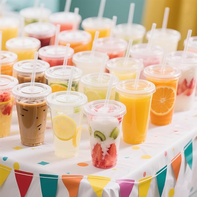Ginkgo 32 oz Clear Plastic Cups with Lids and Jumbo Straws | Leak-Proof & Sturdy Disposable To Go Iced Coffee Cups for Smoothie, Boba Milk Tea - 50 Pack - Image 5