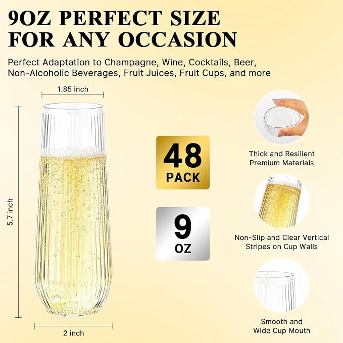 Goodluck 48pack 9oz Clear Champagne Flutes,Stemless Champagne Glasses | Plastic Champagne Flutes,Stemless Disposable Clear Plastic Toasting Glasses for Wedding, Birthday Party, Family Gatherings - Image 3