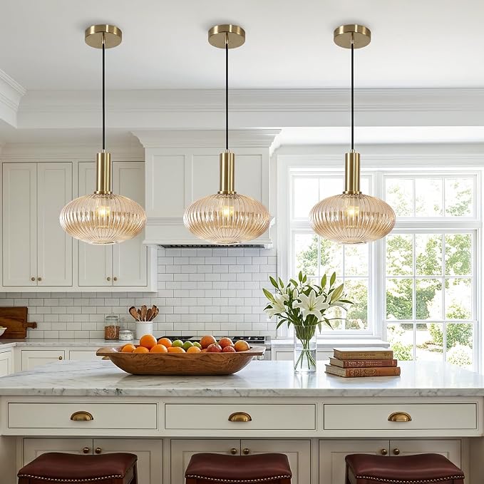KCO Modern Brushed Brass Gold 11.8” Large Amber Ribbed Glass Pendant Light | E26 Adjustable Lantern Hanging Light for Sloped Ceiling Mid Century Vintage Ceiling Light for Kitchen Island Sink Dining Room - Image 4
