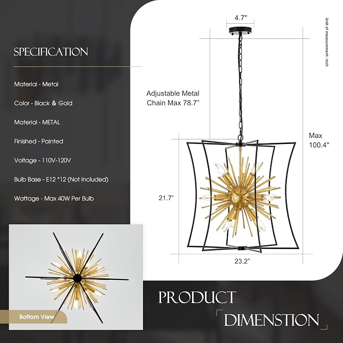 Modern 23.2" Black Gold Sputnik Chandelier for Dining Room Industrial Retro Geometric 12-Light Ceiling Pendant Light Fixture for Kitchen Island Bedroom Living Room Hallway Entryway Foyer - Image 2