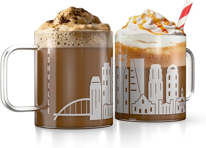 Greenline Goods – Nashville, TN Skyline Glass Coffee Mugs (Set of 2), 15 oz – Etched Wrap Design
