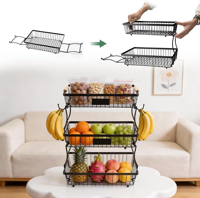 3 Tier Fruit Basket with 2 Banana Hangers, Mesh Basket Fruits Stand Produce Holder Organizer for Onion Potato Bread Snack Veggie Black - Image 3