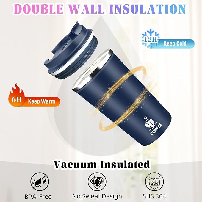 17oz Insulated Travel Coffee Mug with Flip Lid – Leakproof Stainless Steel Insulated Coffee Tumblers, Reusable Coffee Cup for Hot & Cold Drinks, Perfect for Camping & On-the-Go - Image 5