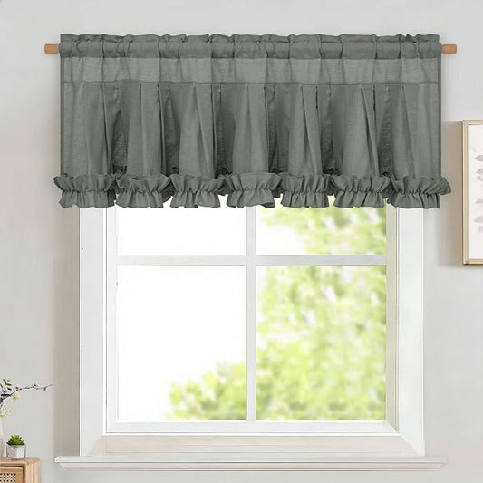 Likiyol Linen Valances for Windows Farmhouse Window Valances with Ruffle Rustic Country Light Filtering Kitchen Valance Curtains Rod Pocket Valance for Bathroom Cafe, Grey, 52" W X 18" L by Likiyol