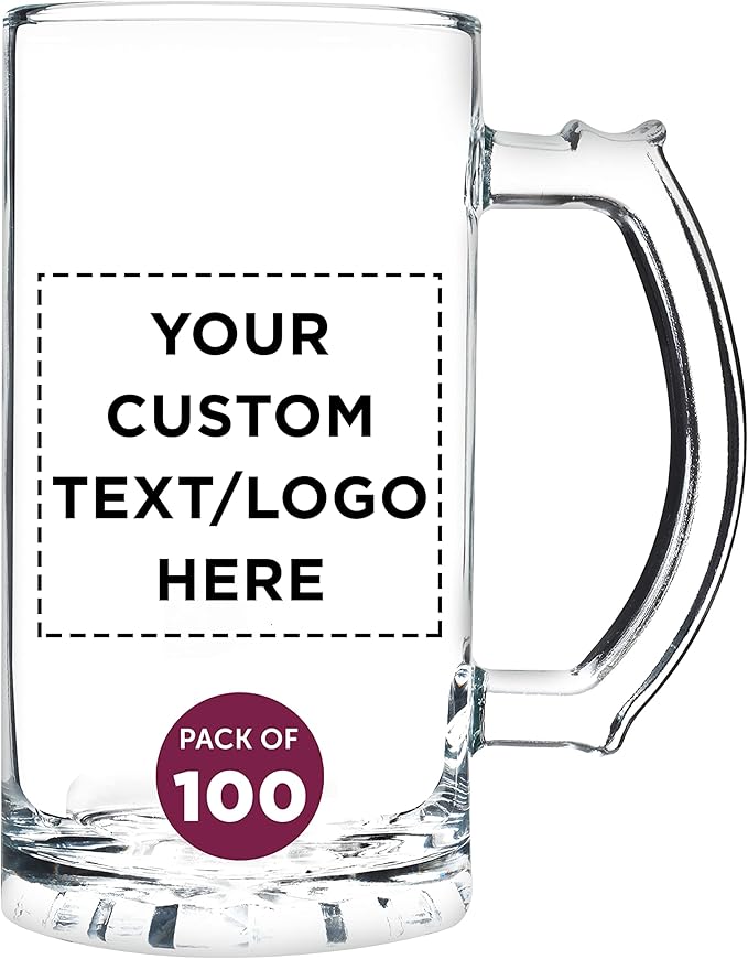 DISCOUNT PROMOS Custom Glass Beer Mug 16 oz. Set of 100, Personalized Bulk Pack - Great for Wedding Favors, Groomsmen Gifts, Birthday Gifts - Clear Bottom Color