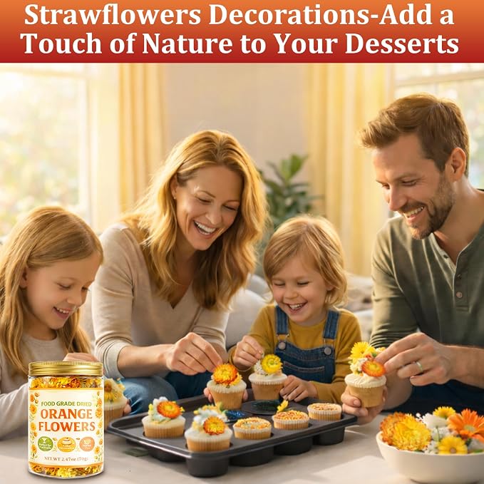 90+ Edible Dried Flowers for Cake Decorations, 100% Natural Dried Strawflowers Orange & Yellow for Cocktails Garnish, Drink Botanicals and Baking - Image 7