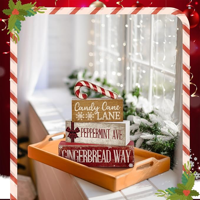 Moucuny 4 Pcs Christmas Table Decor Wooden Candy Cane Decoration Christmas Centerpiece Winter Tiered Tray Decor Red and White Stripes Candy Cane Block Signs Gift Farmhouse Xmas Decoration for Kitchen - Image 7