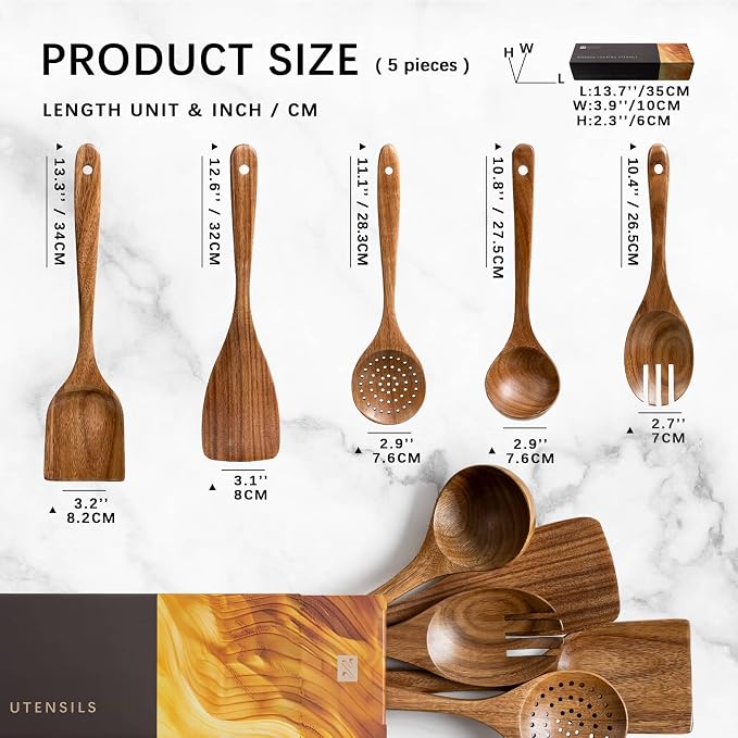 Wooden Spoons for Cooking, 5-Piece Acacia Wood Cooking Utensil Set | Spoons and spatulas stir, mix, flip and serve; balanced handles offer control while staying gentle on nonstick cookware. - Image 2