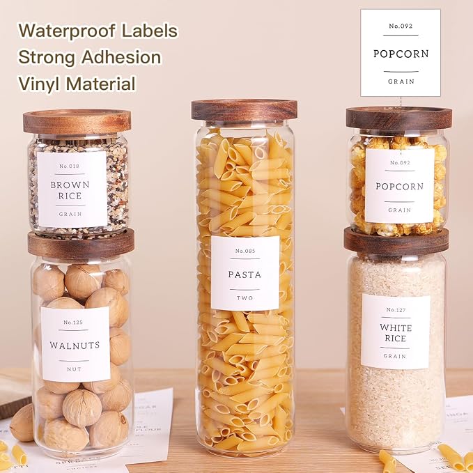 5 Set Glass Pantry Storage Jars with Acacia Airtight Lid - Thicken Glass Kitchen Canisters with 132 Pantry Labels - Clear Glass Food Storage Containers with Wood Lid for Tea,Sugar,Candy,Cookie,Pasta - Image 3