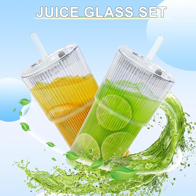 20oz Glass Tumblers with Lids and Glass Straws, Thickened for Iced Coffee, Smoothies,Cocktails and Juices-Elegant Durable for Home, Office,Travel (Rainbow)