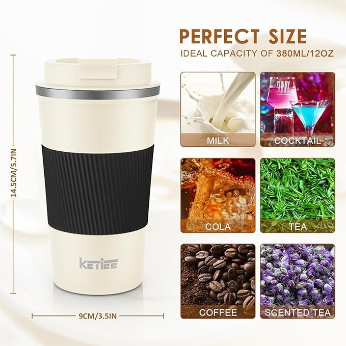 KETIEE 12oz Travel Mug: Vacuum Insulated Coffee Cup with Leakproof Lid, Travel Coffee Mug Stainless Steel Double Walled Reusable Coffee Cup for Hot and Cold Water Tea (Beige) - Image 5