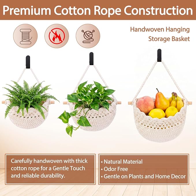 Honeydak Boho Decor Hanging Wall Baskets for Kitchen 3 Pack Teardrop Baskets with Hooks Storage Fruit Onion Vegetable Potato for Home(White,Lace,Cotton Rope) - Image 3