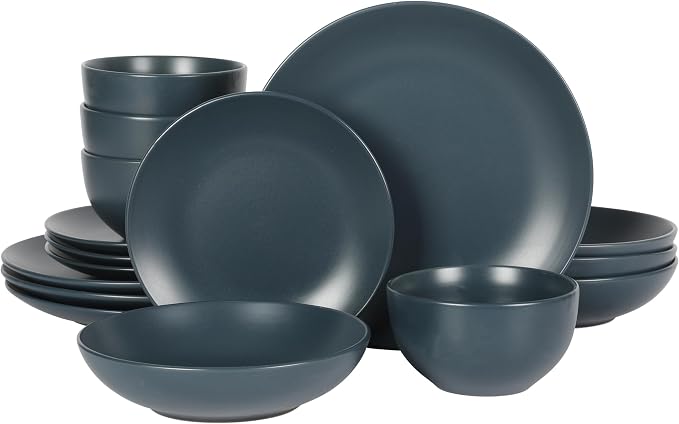 Gibson Home Queenslane 16-Piece Matte Blue Stoneware Dinnerware Set – Double Bowl Plates and Bowls, Durable Kitchen Dinner Set by GibsonHomewares