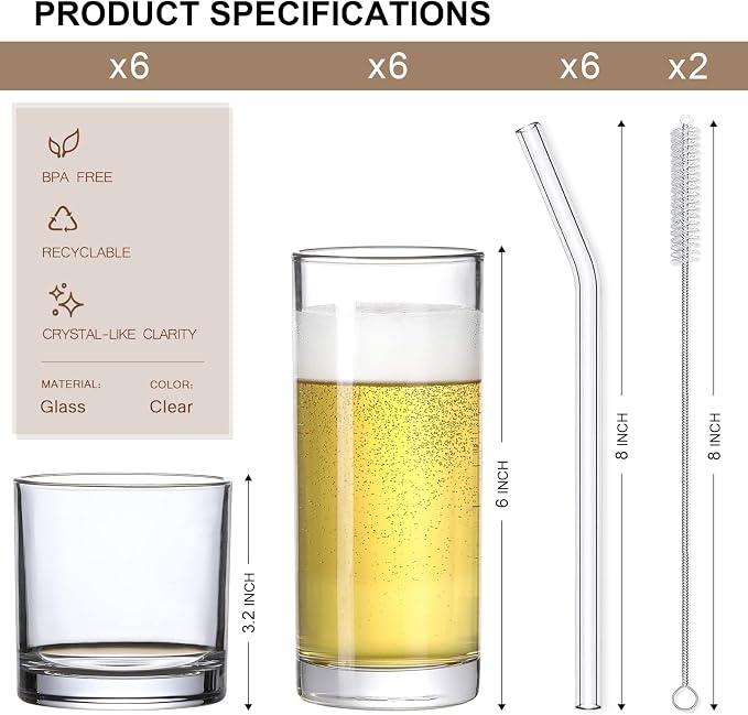[ 12 Pack ] Glass Cups with Glass Straws, 12oz Highball & Rock Drinking Glasses, Everyday Drinkware Glasses Set, Cute Tumbler Cup, Kitchen Glasses for Iced Coffee, Water, Beer, Cocktail, Whiskey Gift. - Image 2
