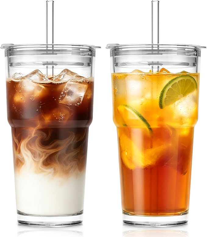 SoulTimes 20oz Clear Glass Tumbler with Lid and Straw – Iced Coffee Glasses Cups for Smoothie, Matcha, Juice, Water etc. Leakproof and Reusable Glassware Drinking for Travel To Go 【2 Pack】 by SoulTimes