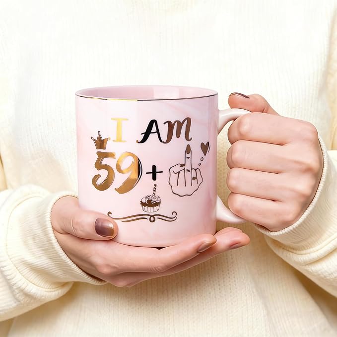 Funny 60th Birthday Coffee Mug for Women - 14oz Pink Marble Ceramic Mug, Playful Gold 59 Plus 1 Hand Design - Hilarious Turning 60 Year Old Gift for Mom, Sister, Best Friend, Wife, Neighbor, Colleague - Image 5
